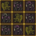 Vintage symbols of fairytale animals in dark squares